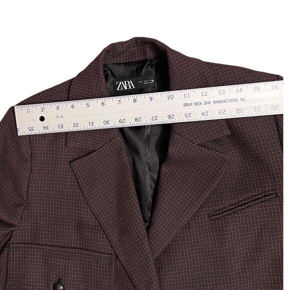 Zara Houndstooth Cropped Blazer L Brown Check Tailored Jacket Business - Picture 11 of 13